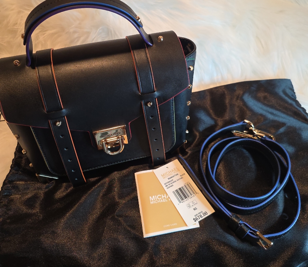 Michael Kors Manhattan Black Trunk Bag Muticolor Accents Gold Studs Retail $678